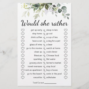 Bridal Shower Game Would She Rather Card