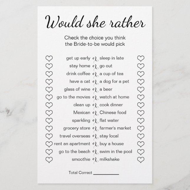 Bridal Shower Game Would She Rather Card (Front)