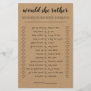 Bridal Shower Game Would She Rather Card