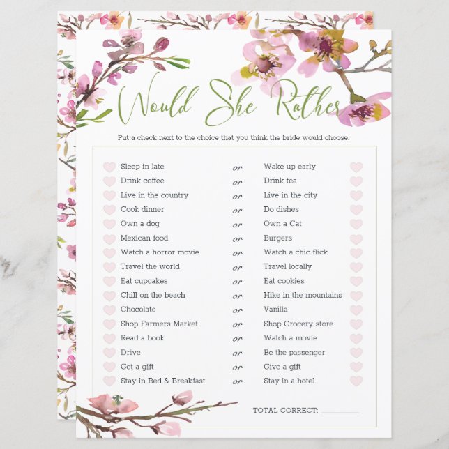 Bridal Shower Game Would She Rather Cherry Blossom (Front/Back)