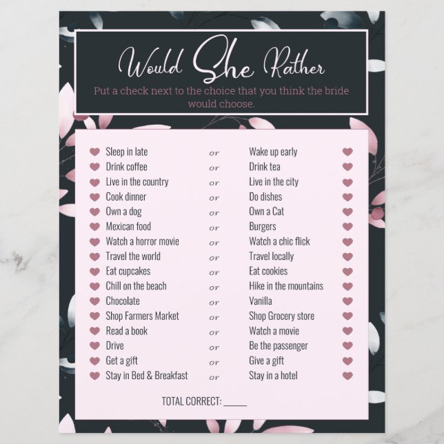 Bridal Shower Game Would She Rather Pink Navy (Front)