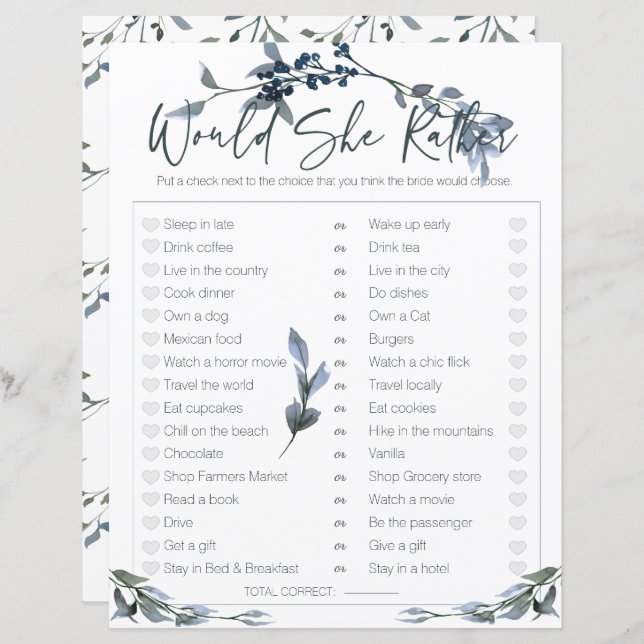 Bridal Shower Game Would She Rather Sage Silver (Front/Back)