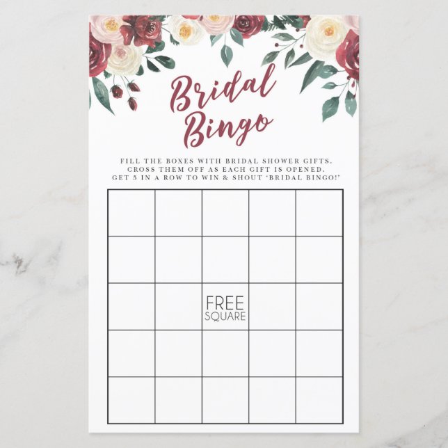 Bridal Shower Games Bingo Game Wedding Red Floral (Front)
