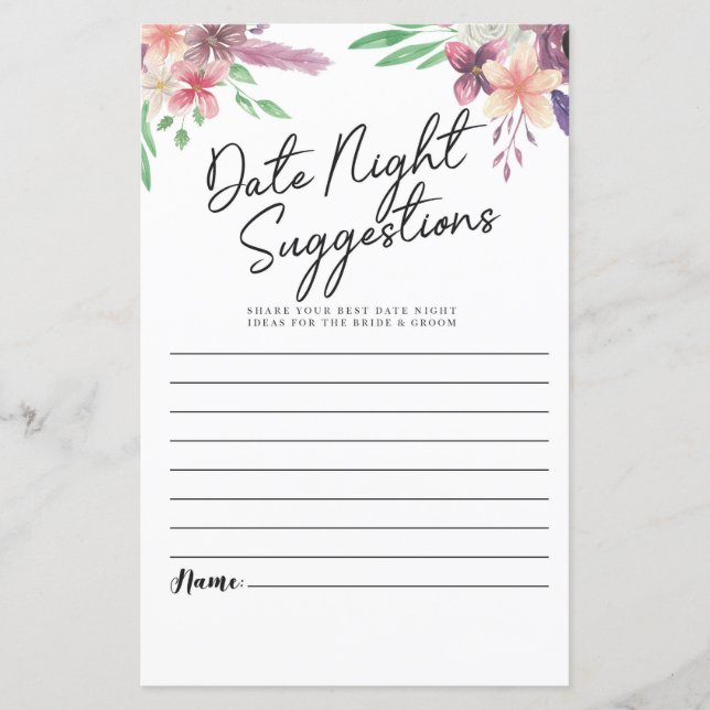 Bridal Shower Games Date Night Suggestions Floral (Front)