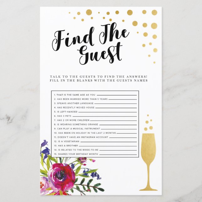 Bridal Shower Games Find The Guest Game Champagne (Front)