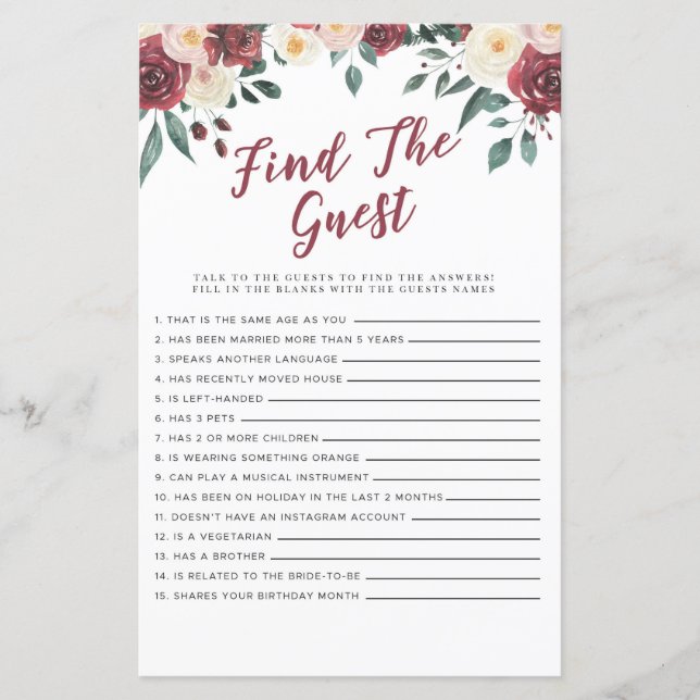 Bridal Shower Games Find The Guest Game Red Floral (Front)