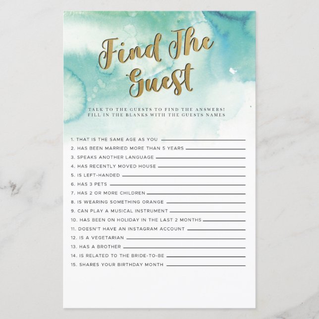 Bridal Shower Games Find The Guest Game Teal Gold (Front)