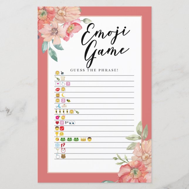 Bridal Shower Games Guess the Emoji Game Floral (Front)