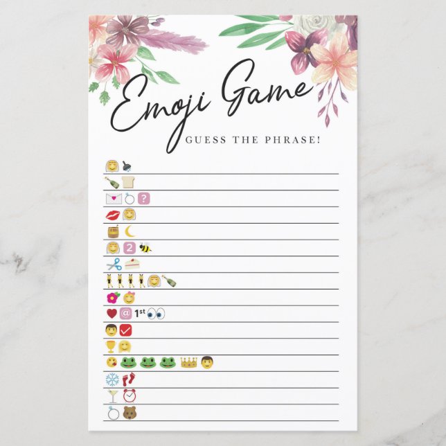 Bridal Shower Games Guess the Emoji Game Floral (Front)