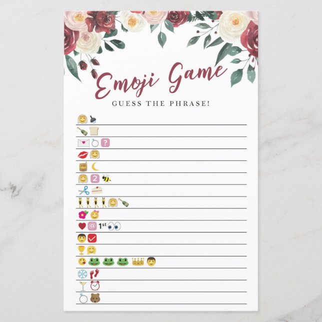 Bridal Shower Games Guess the Emoji Game Floral (Front)