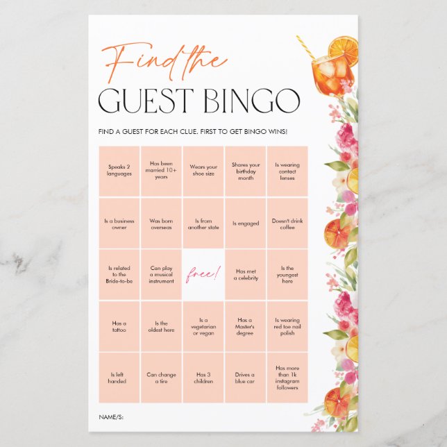 Bridal Shower Games Guest Bingo Citrus Spritz (Front)