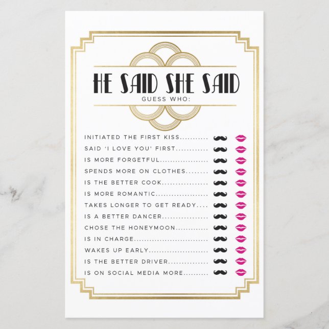 Bridal Shower Games He Said She Said Game Art Deco (Front)