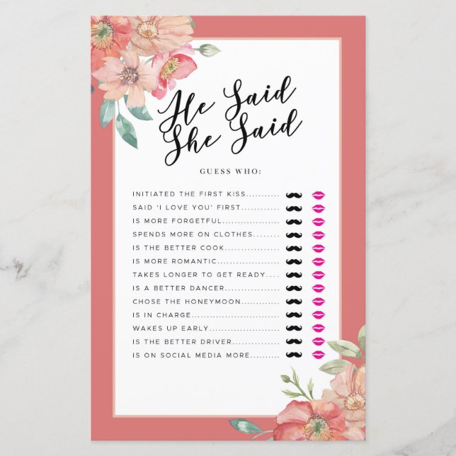 Bridal Shower Games He Said She Said Game Floral (Front)