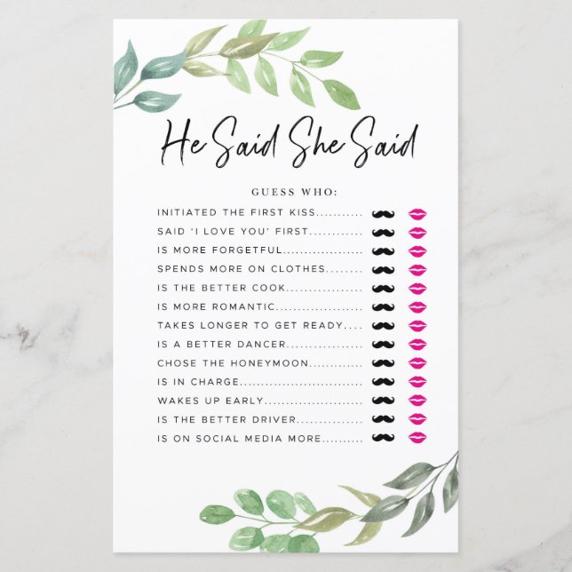 Bridal Shower Games He Said She Said Game Greenery (Front)