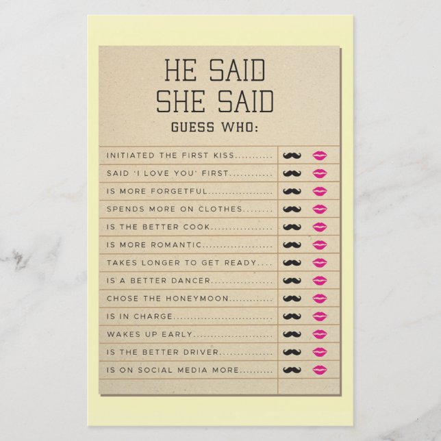 Bridal Shower Games He Said She Said Library Card (Front)