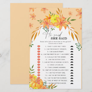 Bridal Shower Games He Said She Said Pumpkin