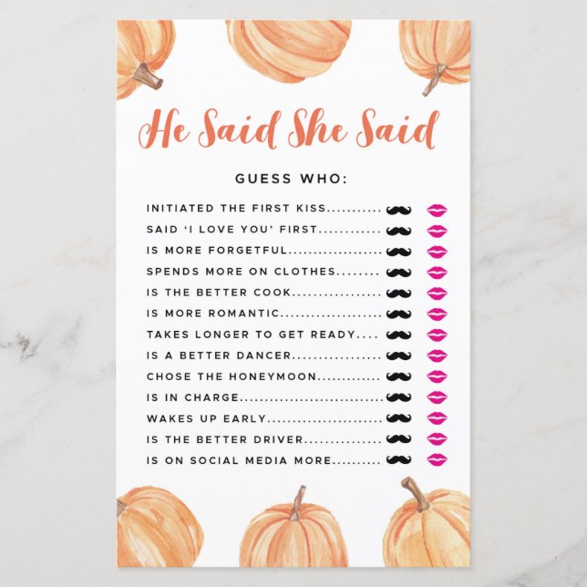 Bridal Shower Games He Said She Said Pumpkin (Front)
