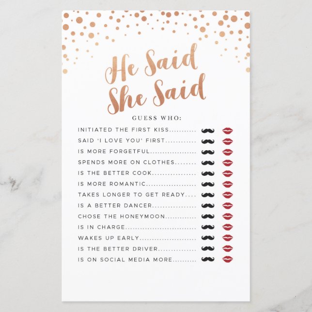 Bridal Shower Games He Said She Said Rose Gold (Front)
