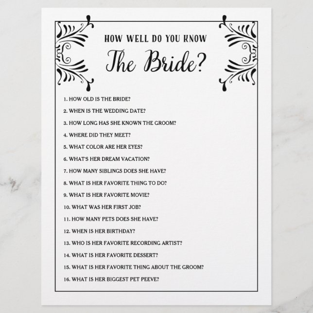 Bridal Shower Games How Well Do You Know The Bride (Front)