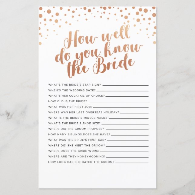 Bridal Shower Games How Well Do You Know The Bride (Front)
