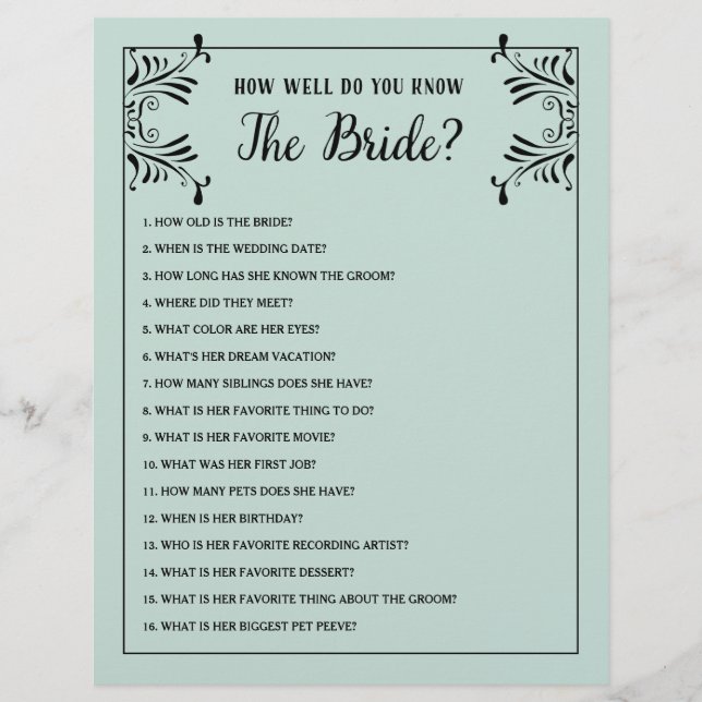 Bridal Shower Games How Well Do You Know The Bride Flyer (Front)