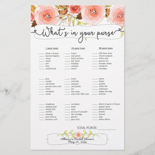 Bridal Shower Games purse / bingo, blush floral (Front)