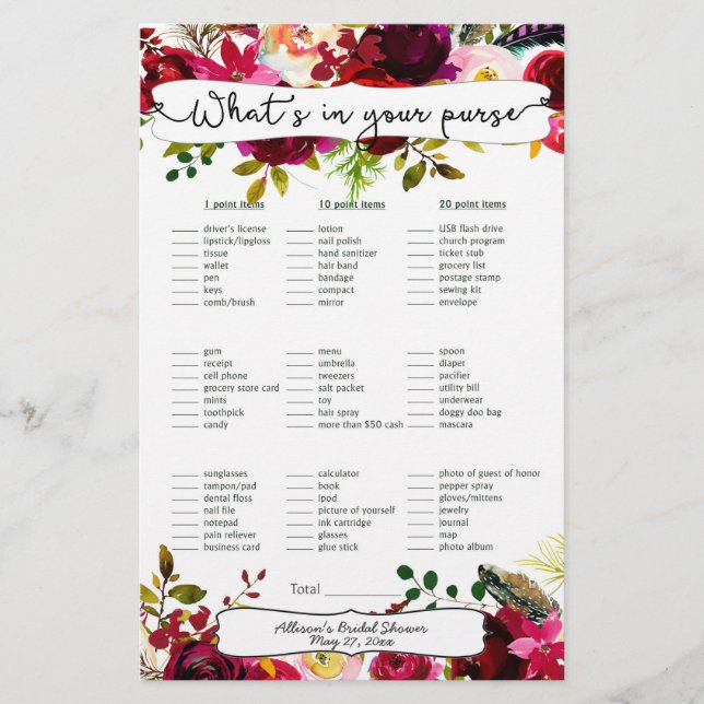 Bridal Shower Games purse / bingo, burgundy floral (Front)