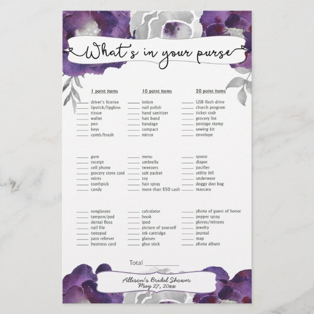 Bridal Shower Games purse / bingo, purple floral Flyer (Front)