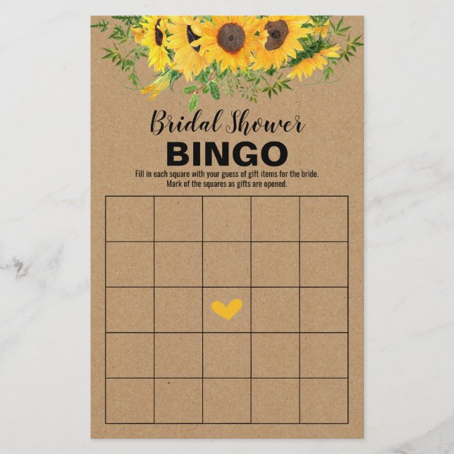 Bridal Shower Games Rustic Sunflowers Bingo Card (Front)