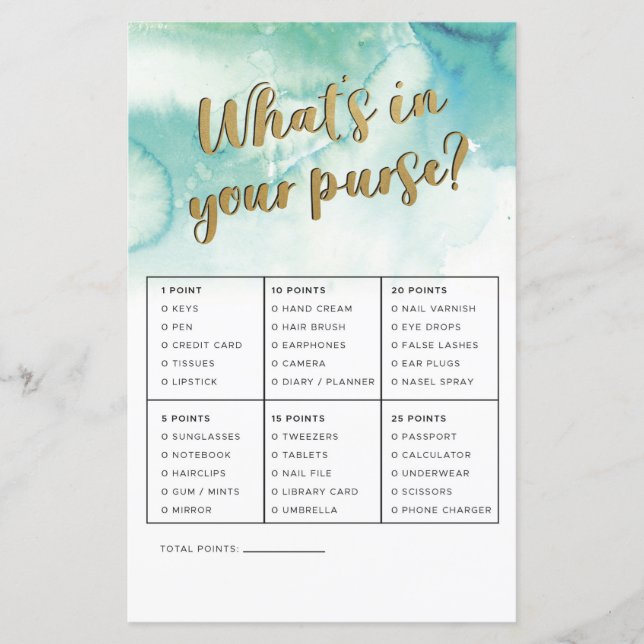 Bridal Shower Games What's In Your Purse Game Gold (Front)