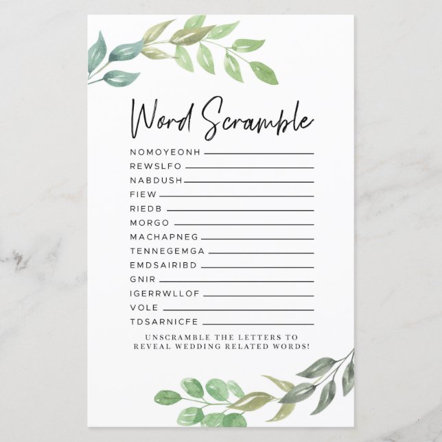 Bridal Shower Games Word Scramble Game Greenery (Front)