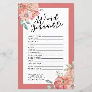 Bridal Shower Games Word Scramble Game Pink Flower