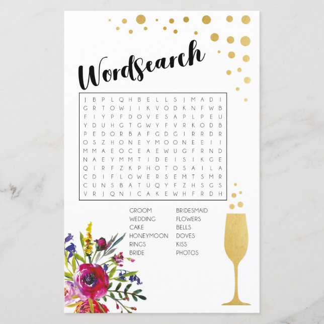 Bridal Shower Games Word Search Game Champagne (Front)