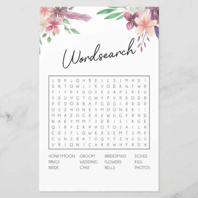 Bridal Shower Games Word Search Game Pink Floral (Front)