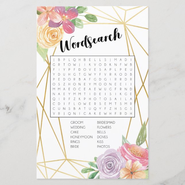Bridal Shower Games Word Search Game Pink Floral (Front)
