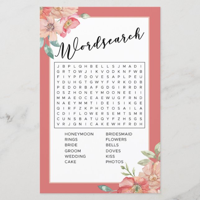 Bridal Shower Games Word Search Game Pink Floral (Front)