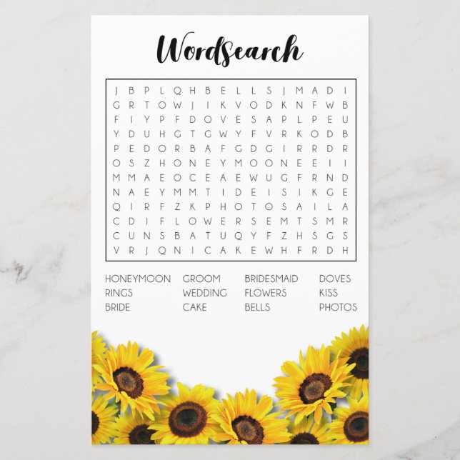 Bridal Shower Games Word Search Game Sunflower (Front)