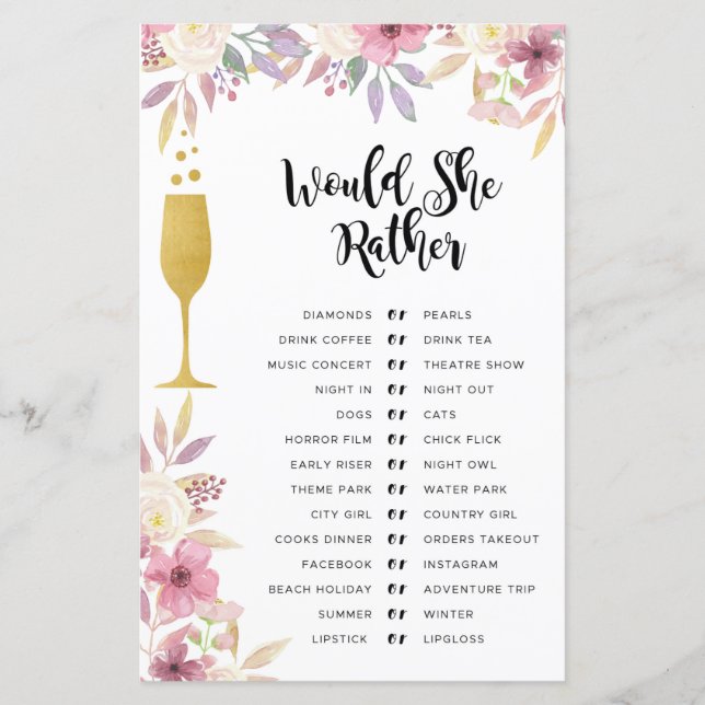 Bridal Shower Games Would She Rather Champagne (Front)