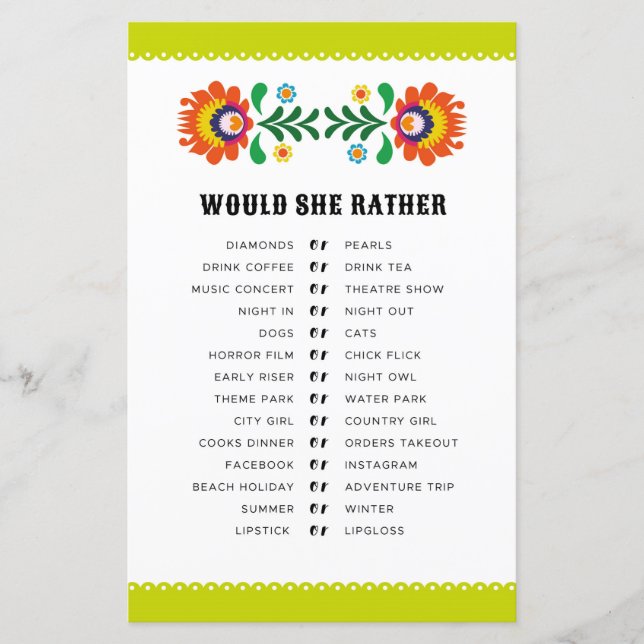 Bridal Shower Games Would She Rather Fiesta (Front)