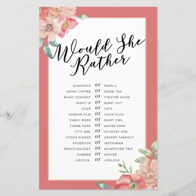 Bridal Shower Games Would She Rather Game Floral (Front)