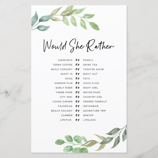 Bridal Shower Games Would She Rather Greenery (Front)