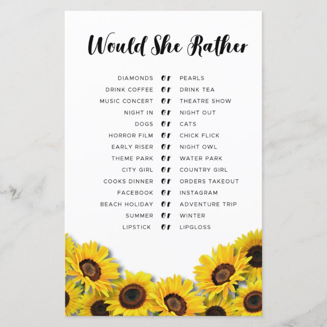 Bridal Shower Games Would She Rather Sunflower (Front)
