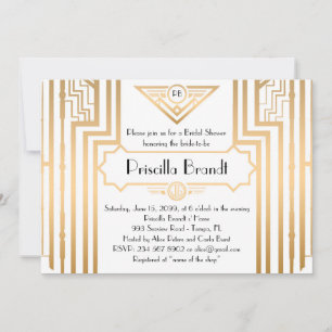 Bridal Shower, Gatsby style, white & gold,art-deco Invitation