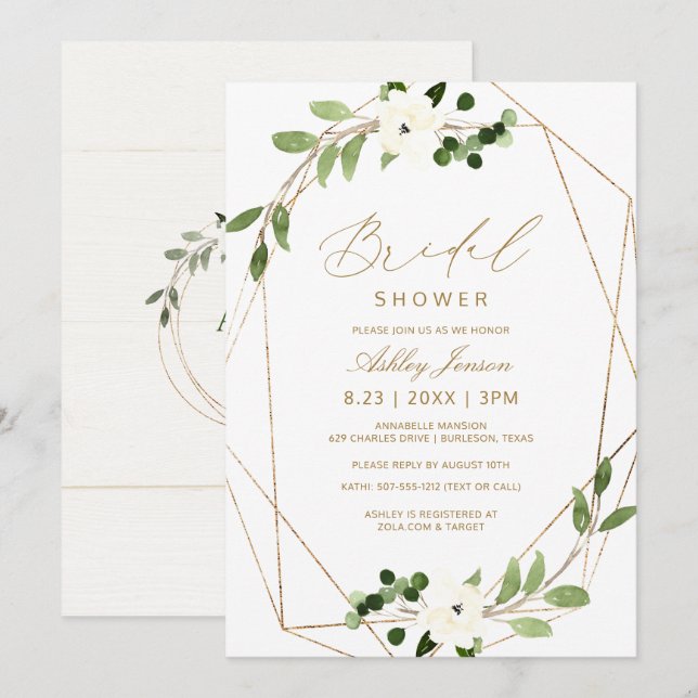 Bridal Shower Geometric Greenery Vines Watercolor Invitation (Front/Back)