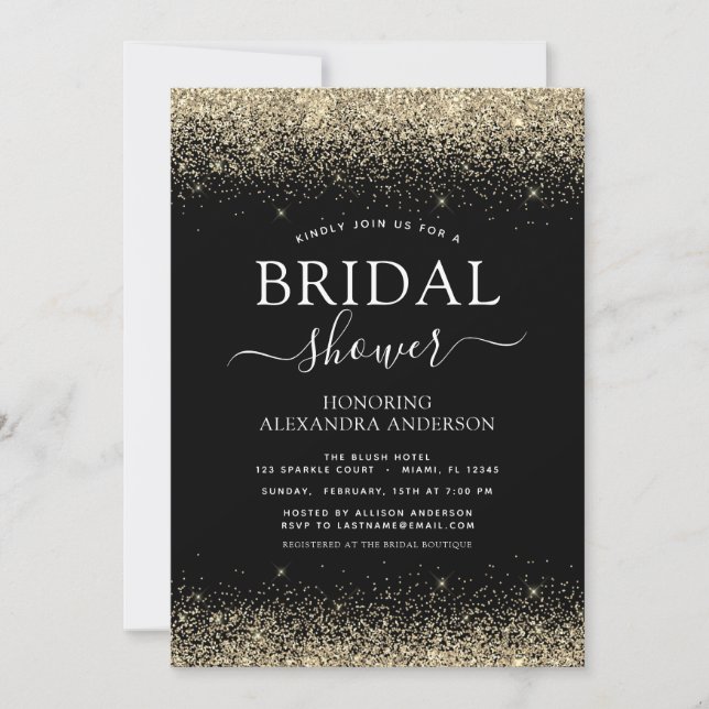 Bridal Shower Glitter Black Gold Girly Invitation (Front)