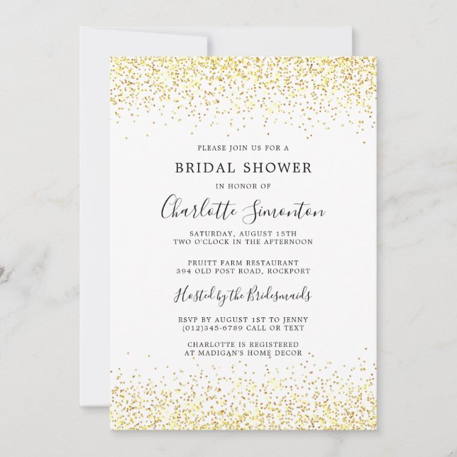 Bridal Shower Glitter Gold White Glam Invitation (Front)
