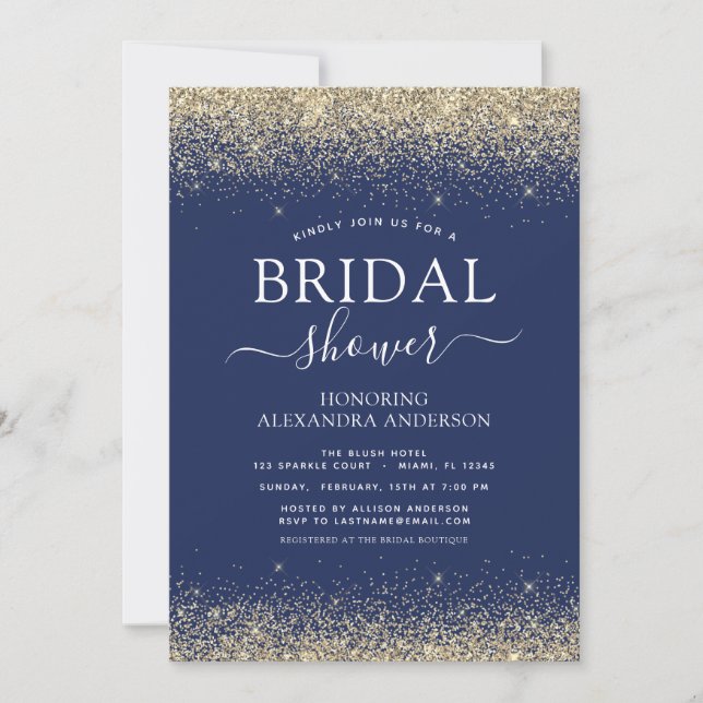 Bridal Shower Glitter Navy Blue Gold Girly Invitation (Front)