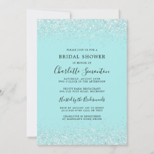 Bridal Shower Glitter Silver Teal Glam Invitation
