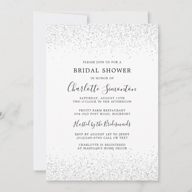 Bridal Shower Glitter Silver White Glam Invitation (Front)