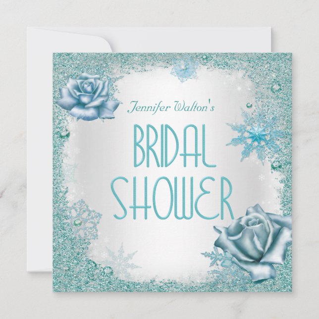 Bridal Shower Glitter Teal Blue White Roses Invitation (Front)